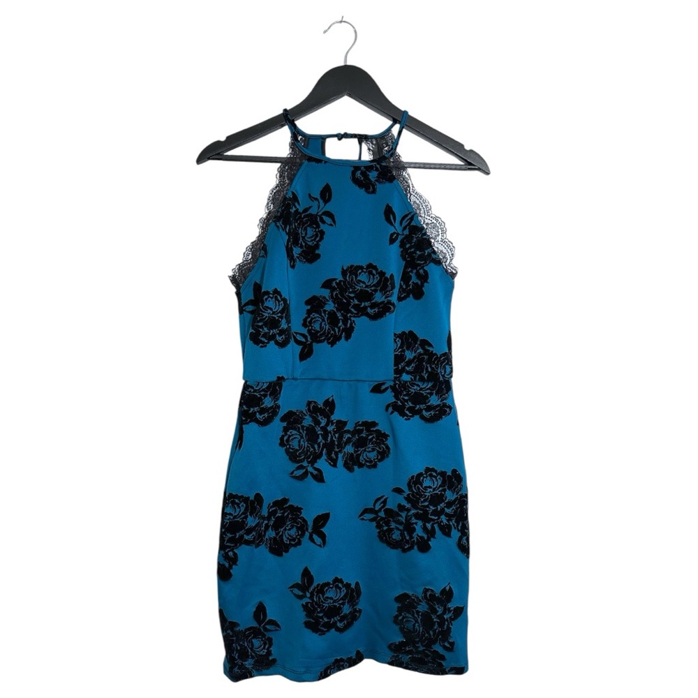 Trixxi Teal Black Velvet Burnout Floral Lace Halter Dress Y2K Size Juniors 9